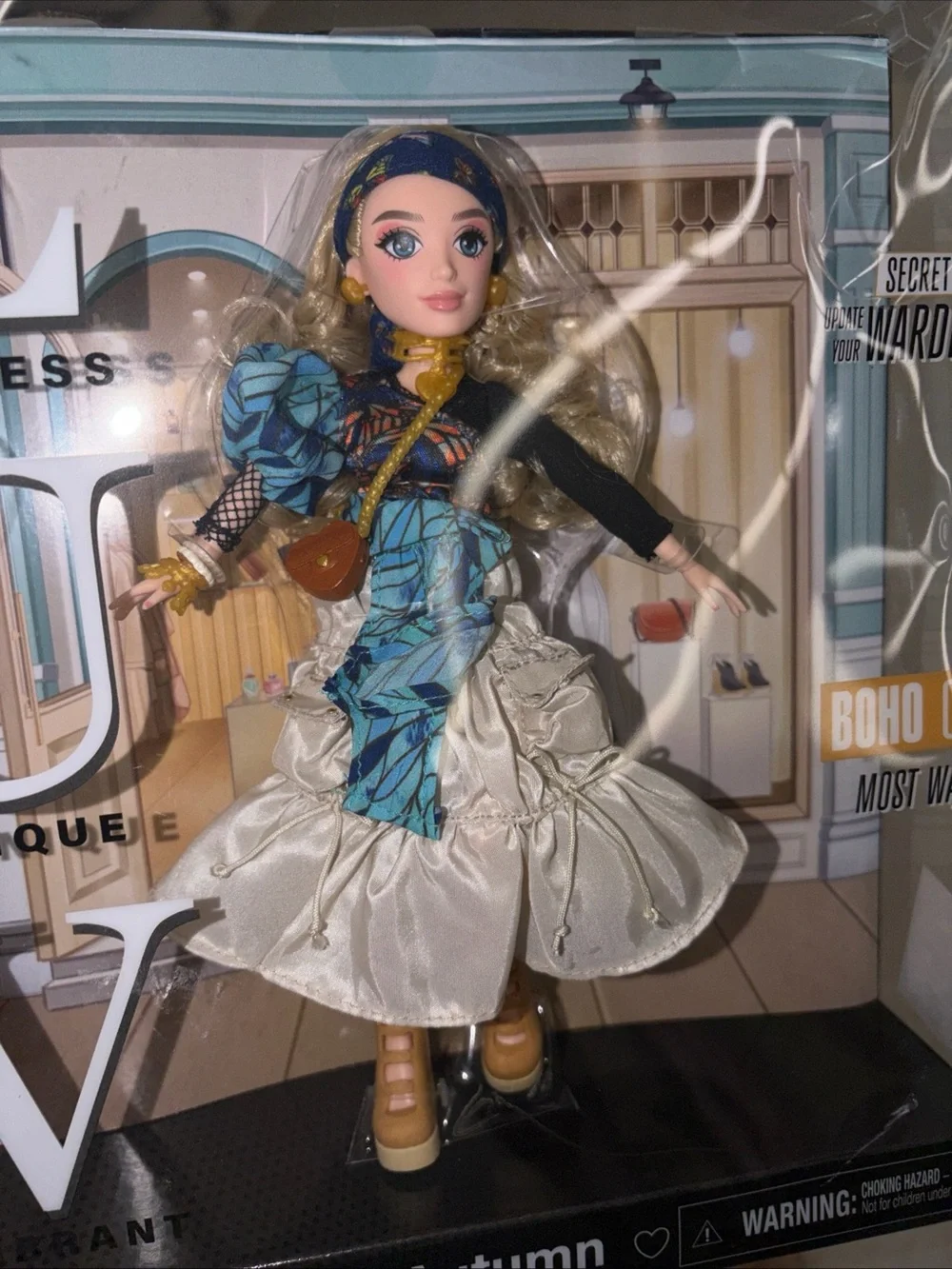 Autumn Boho Chic Girls Dress Doll Outfit - Blue & Cream